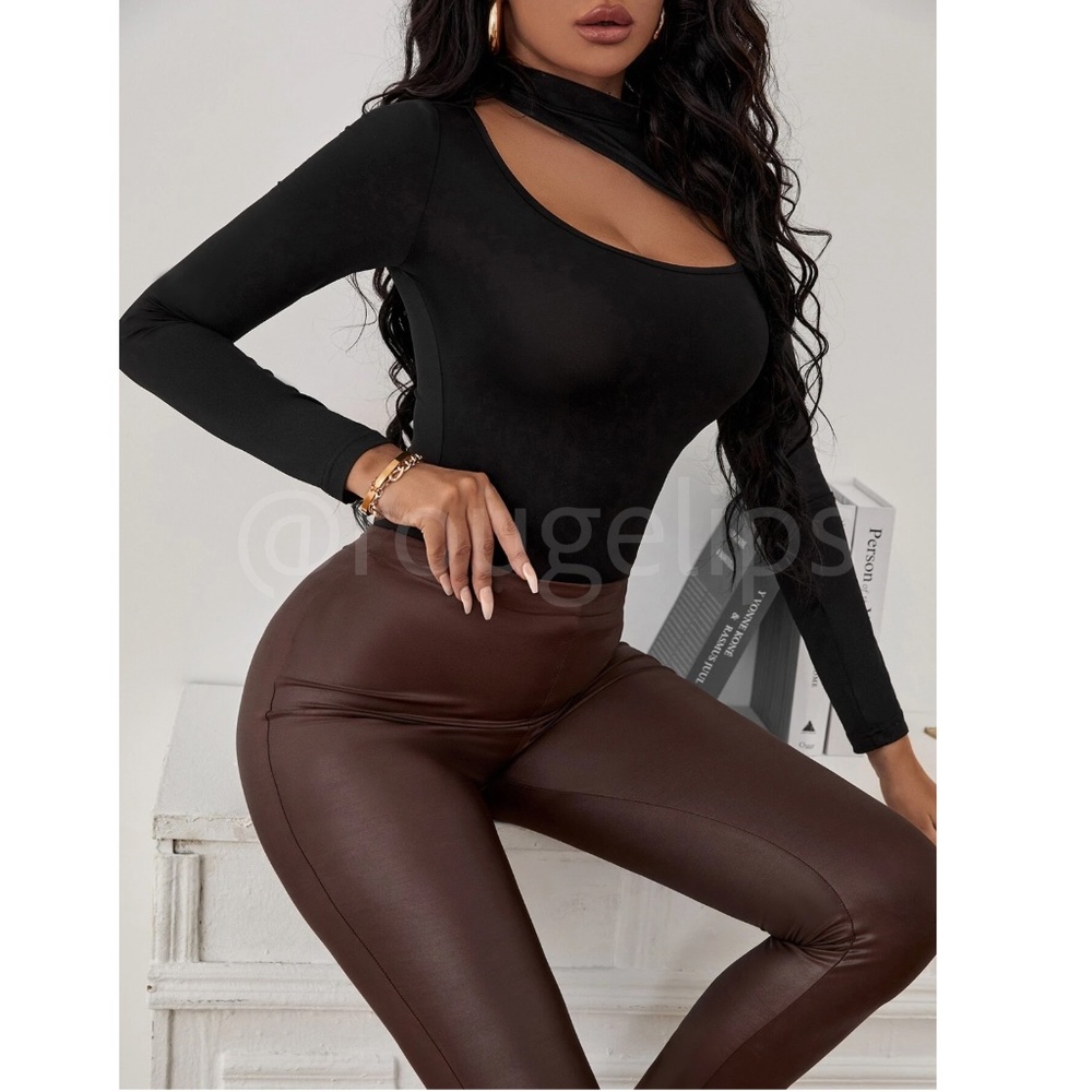 Black Cut Out Asymmetrical Slim Fit Shirt Top Long Sleeve Mock Neck - Picture 5 of 6